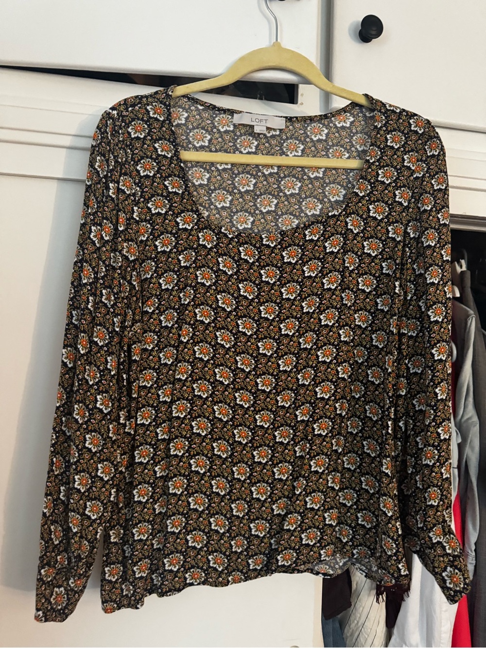LOFT Black Floral-Print Long Sleeve Blouse with Orange and White Accents